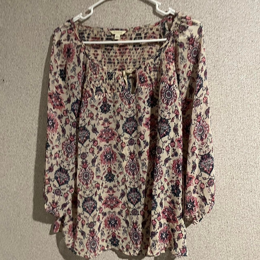 Sonoma Goods For Life Womens XLFloral Medallion Smocked Peasant Blouse Navy Pink